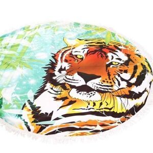 Tiger Jungle King Cat Safari Print Fringe Luxury Cotton Blend Round Beach Towel